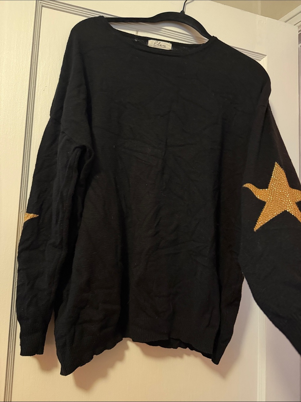 Elan Black Crewneck Sweater with Gold Star Elbow Patches